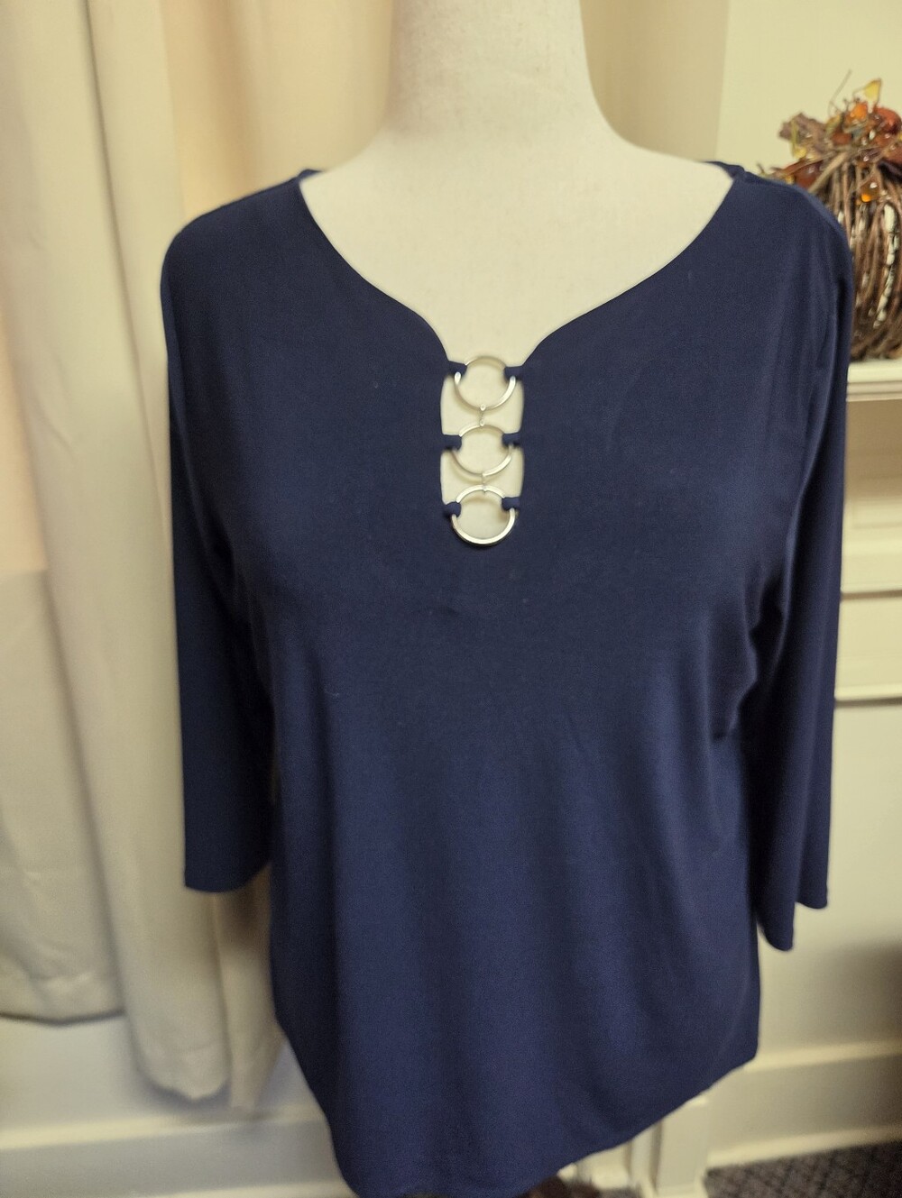 NY Navy Long-Sleeve Top with Silver Ring Detail Size 1X